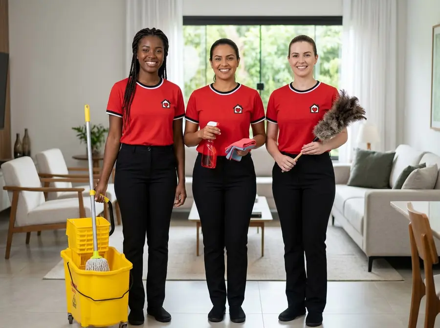 Três profissionais de limpeza sorrindo, com uniforme vermelho