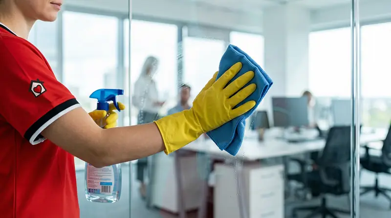 Profissional fazendo limpeza empresarial em escritório em Uberlândia